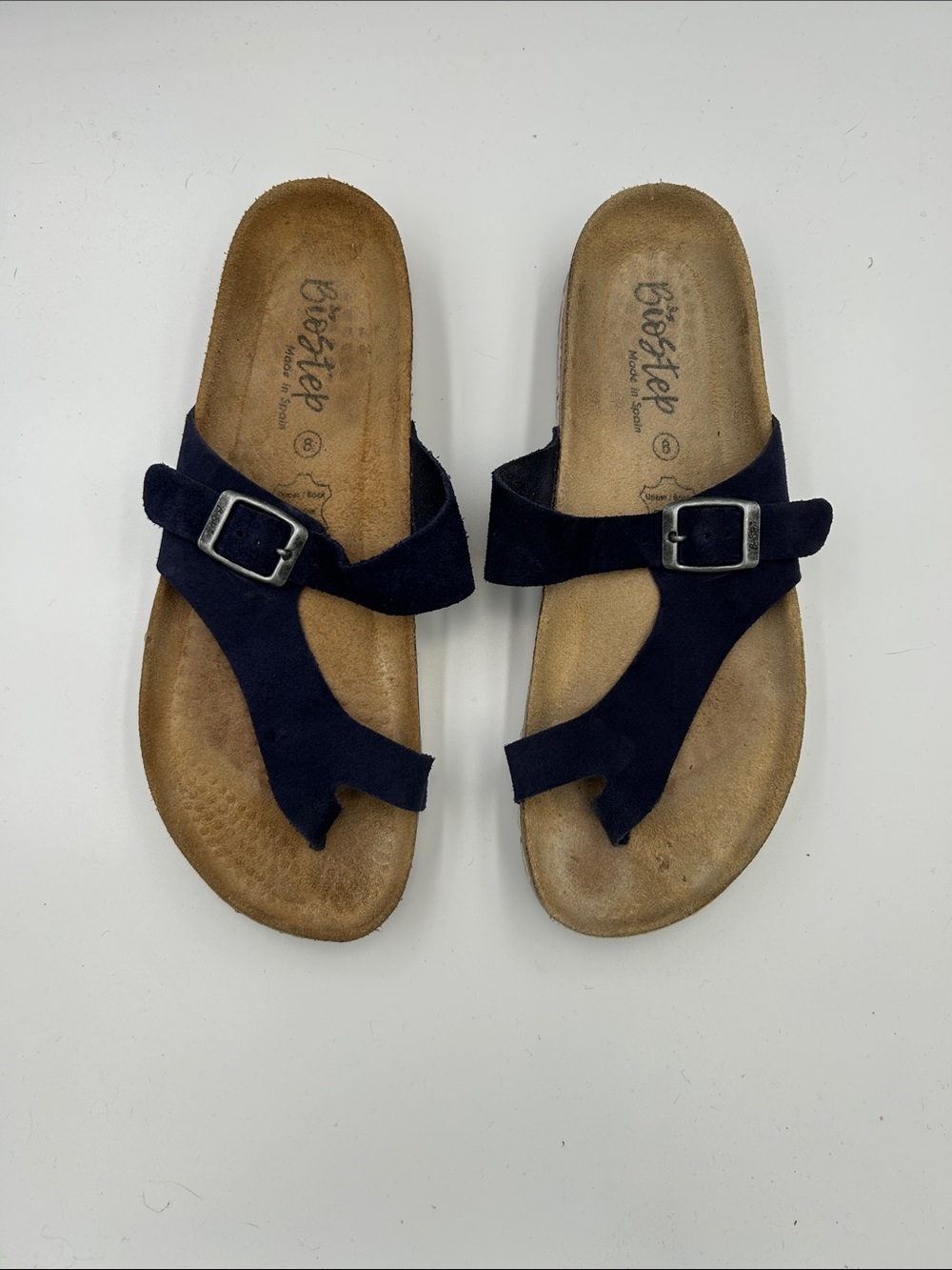 BIOSTEP Blue Suede Toe Ring Buckle Slide Sandals Size 8 Made in Spain